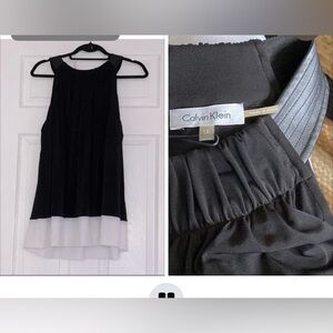 NWT-Cute Draped Black Tank w/ White Placard Hem Gold and Pleather Detail